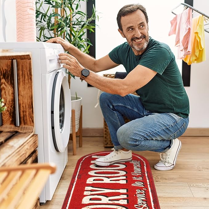 Machine Washable Text Design Laundry Room Rug Non-Slip Rubberback 2x5 Laundry Runner Rug for Laundry Room, Bathroom, Washroom, 20" x 59" Oval, Red