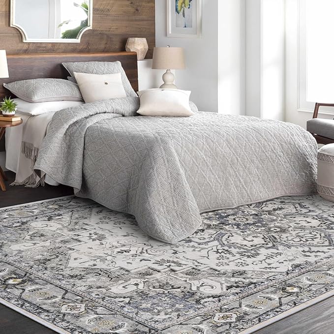 Washable Area Rug Vintage - Living Room Farmhouse Oriental Rug 5x8 Distressed Non-Slip Stain Resistant Carpet for Bedroom Dining Room Home Office (5x8 Grey/Blue)