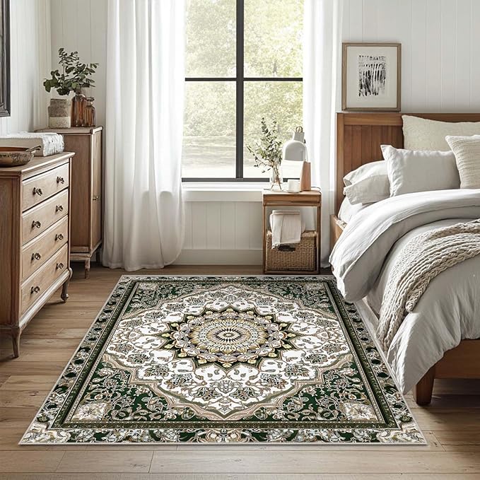 4x6 Area Rug Machine Washable Rugs Traditional Oriental Vintage White Dark Green Rug Non-Slip Low Pile Large Carpet for Home Kitchen Living Room Bedroom Dining Room Office