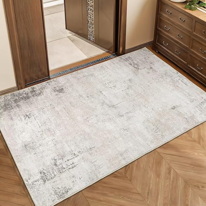 Washable Area Rug 3x5 for Bedroom, Ultra-Thin Modern Abstract Rugs Non-Slip Soft Faux Wool Entryway Rug Contemporary Throw Floor Mat for Indoor Kitchen Dining Room Office Chair Carpet