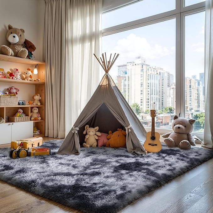 Thick Area Rug Dark Grey 5x8 Fluffy Shag for Bedroom Living Room Soft Plush Washable Thickened Non-Slip Fuzzy Carpet for Kids Baby Nursery Cozy Shaggy Floor Rugs for Dorm, Tie-Dye Gray
