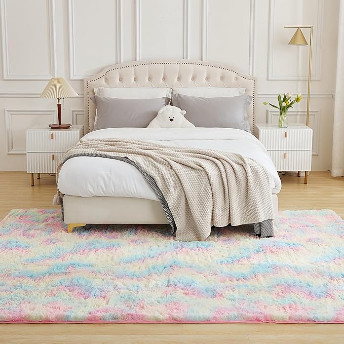Andency 4x6 Shag Area Rug for Living Room, Rainbow Soft Fuzzy Plush Indoor Carpets for Bedroom, Non Skid Fluffy Faux Fur Rug for Nursery Kids Boys Girls Room