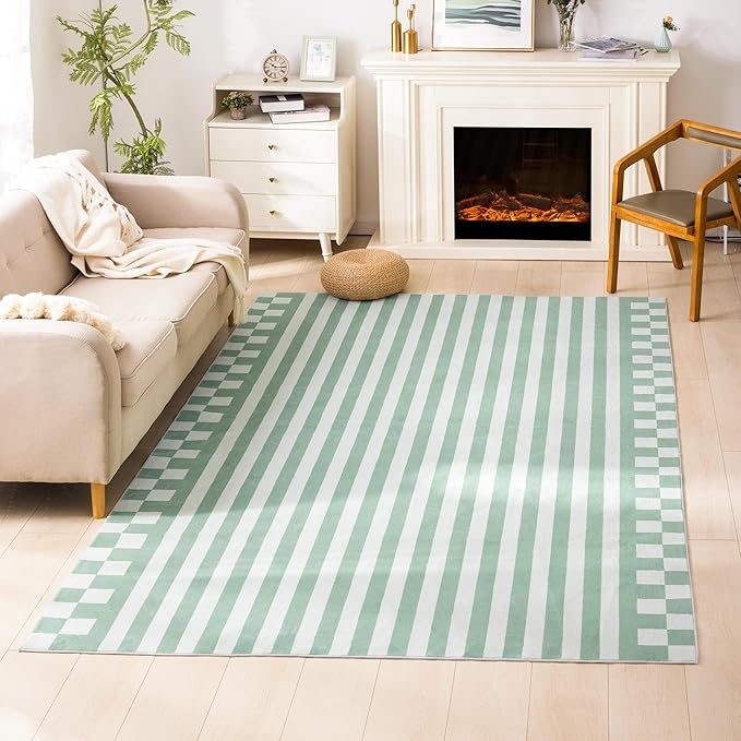 Carvapet Green Rugs for Living Room Bedroom, Striped Low Pile Modern Large Carpet with Rubber Backing, Foldable, Non Slip Machine Washable (7 x 5 Feet Rectangular, Green Area Rug)