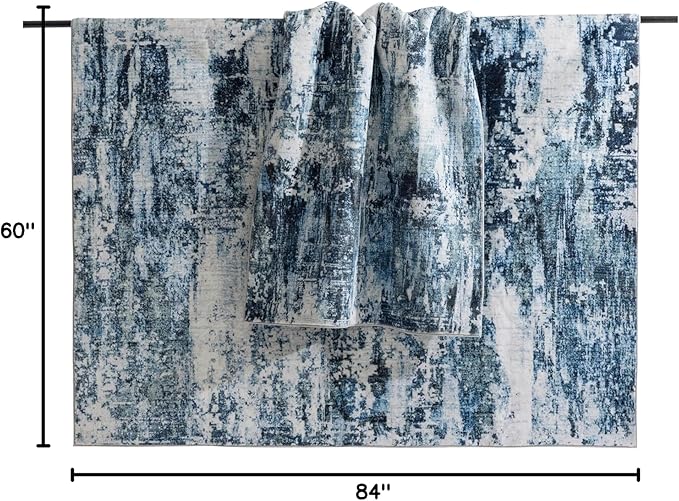 Carvapet Rugs for Living Room, Modern Abstract Low Pile Large Carpet with Rubber Backing, Foldable, Non Slip Machine Washable (7 x 5 Feet Rectangular, Blue Grey Area Rug)