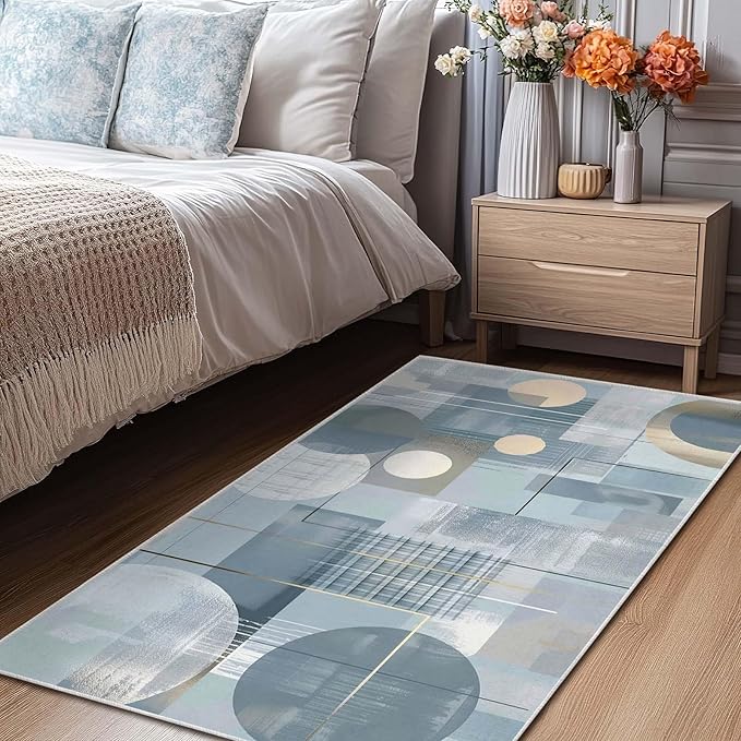 3x5 Entryway Rug Abstract Minimalist Circle Blue Small Area Rug Bedroom Bedside Thin Carpet Bathroom Non Slip Indoor Entrance Low Pile Door Mat Kitchen Stain Resistant Washable Machine