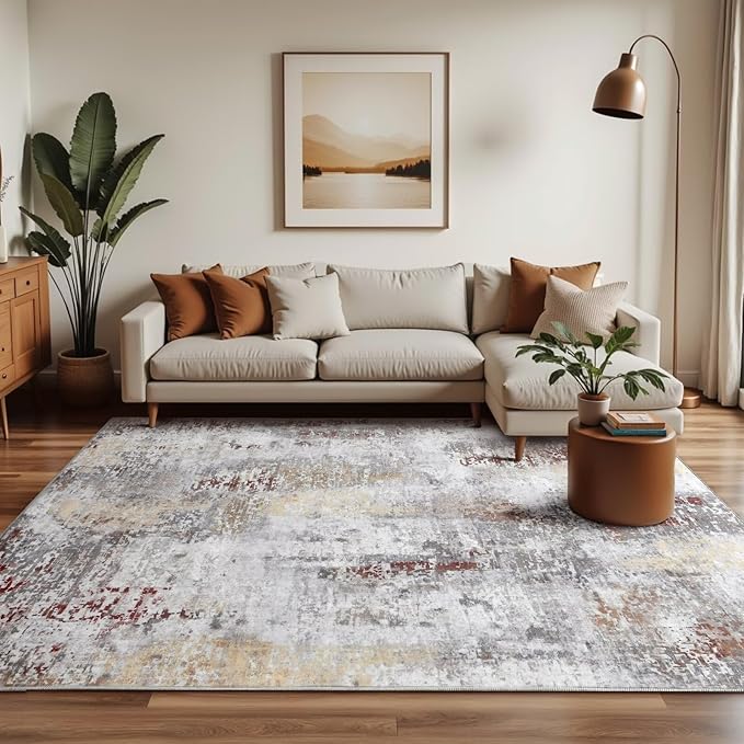 Washable Abstract Rug, 6x9 Modern Area Rugs with Non-Slip Rubber Backed for Living Room, Thin but Soft Contemporary Carpet Kitchen Bedroom Dining Room Decor, Rusty Brown