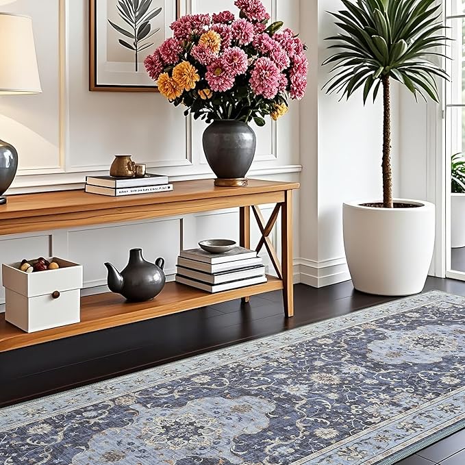 Vasofe Hallway Runner Rug 2x6,Vintage Washable Kitchen Runner Area Rugs with Rubber Backing Non Slip Print Carpet for Entryway,Laundry Room,Bathroom,Home Decor,Navy Blue