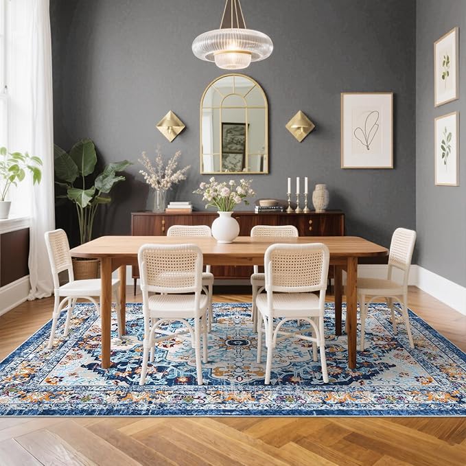 U'Artlines Boho Vintage Area Rug 5x7 Machine Washable Low Pile Soft Floor Carpet Non Slip Non Shedding Accent Rug for Living Room Bedroom Entryway Dining Room Office Blue