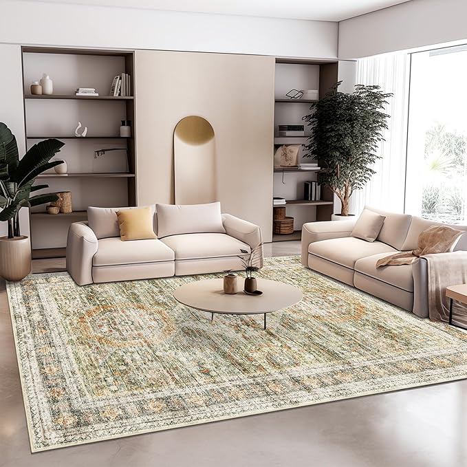 Washable Area Rug 8x10, Large Soft Rugs for Living Room Vintage 8x10 Area Rugs for Bedroom Dining Room Non-Slip Stain Resistant Under Table Green Orange Rug