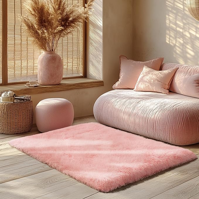 Zentavio Bedside Rugs Small 2x3 Shag Entry Entrance Rugs Soft Girls Bedroom Carpet Area Rugs for Dorm College Essentials Non-Slip Living Room Throw Rug Home Decor Aesthetic Nursery Pink