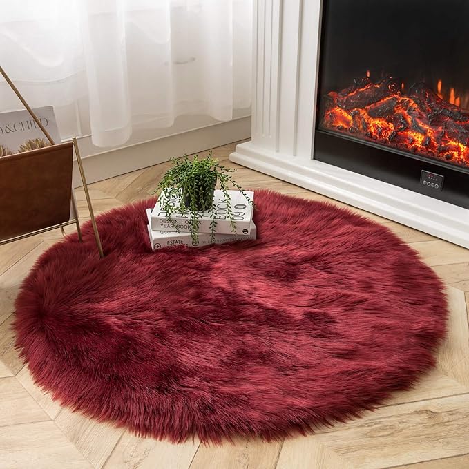 Ashler faux fur rug, Fluffy Shaggy Area Rug Ultra Soft 3 x 3 Feet Round Fur Rug, Deep Red Fuzzy Rug Machine Washable Shag Rug, Nursery Decor Throw Rugs for Bedroom, kids room, Living Room