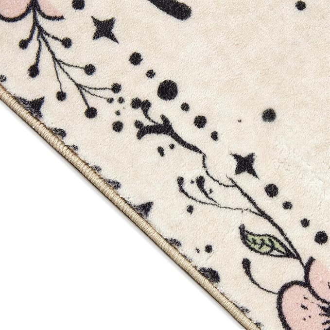 Vintage Floral Rugs, Ultra Thin Light Weight 5x7 Area Rugs Washable, Cute Retro Boho Botanical Area Rug for Bedroom Kitchen Dining Living Room Entryway Hippie Witchcraft Accent Indoor Floor Carpet