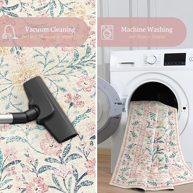 Morebes Boho Hallway Runner Rug 2x6,Floral Kitchen Runner Rugs Non Skid Washable,Super Soft Indoor Throw Carpet for Girls Bedroom Bedside Bathroom Laundry Room, Pink/Multi