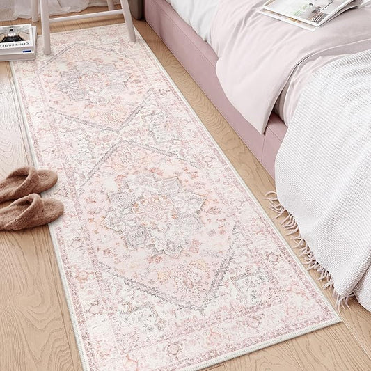LIVEBOX Washable Runner 2x6 - Oriental Floral Kitchen Rug, Long Entryway, Low-Pile Vintage for Bedroom, Non-Skid Soft Carpet Throw for Bathroom Laundry Room Hallway Pink