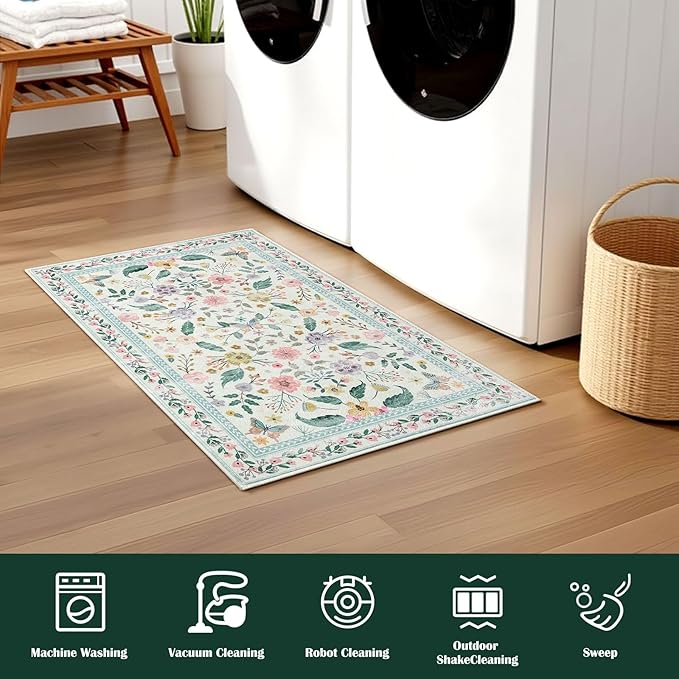 Terrug 2x3 Green Floral Area Rug for Entryway,Boho Machine Washable Throw Rugs with Non-Slip Blacking for Kitchen,Small Flower Carpet for Bedroom Front Door Laundry Floor Decor