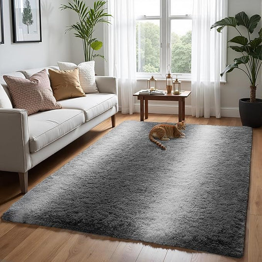 Zentavio Area Rugs for Living Room Rugs for Bedroom 4x6 Carpet Fluffy Soft Shag Aesthetic Plush High Pile Gray Throw Rug for Nursery Kids Room Dorm Grey White