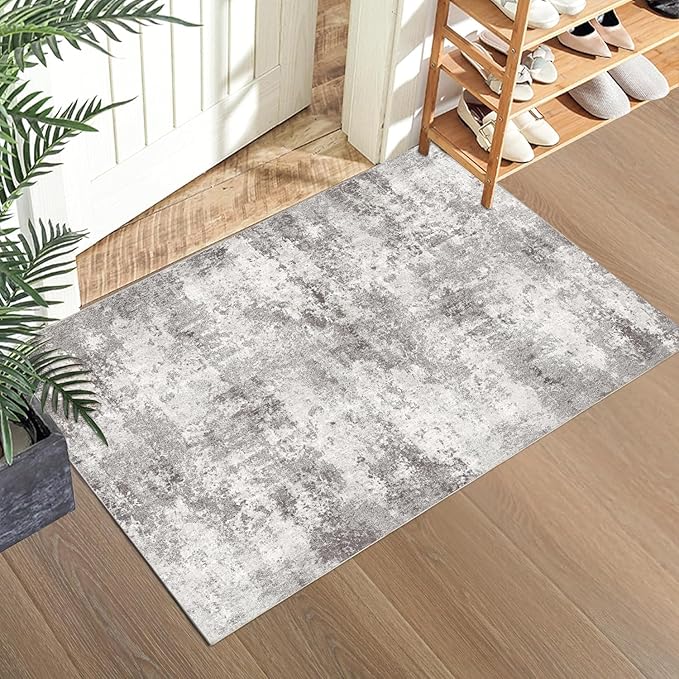 2x3 Entryway Rugs Grey Machine Washable Area Rug Entrance Door Mat Indoor Accent Rug Abstract Non Slip Low Pile Carpet Distressed Throw Rug for Kitchen Bedroom Office