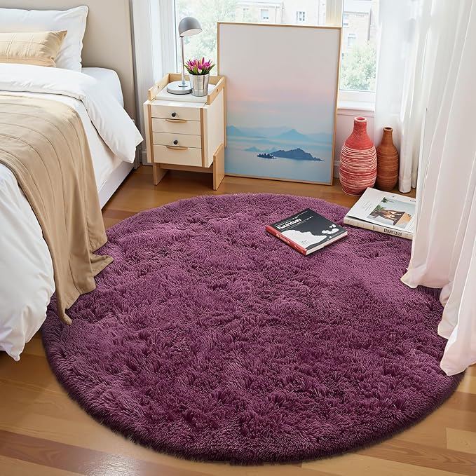 OLANLY Burgundy Round Rugs for Bedroom - Machine Washable, 4x4 Feet Circle Area Rugs for Living Room, Soft and Fluffy Shaggy Carpet for Teen Girls and Boys, Dorms, Nursery Rooms, Home Decor Aesthetic