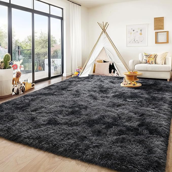 Large Area Rugs for Living Room, 9x12 Feet Tie-Dyed Black Grey Shaggy Fluffy Throw Carpets, Ultra Soft Plush Modern Indoor Fuzzy Rugs for Bedroom Kids Room Nursery Dorm Home Decor