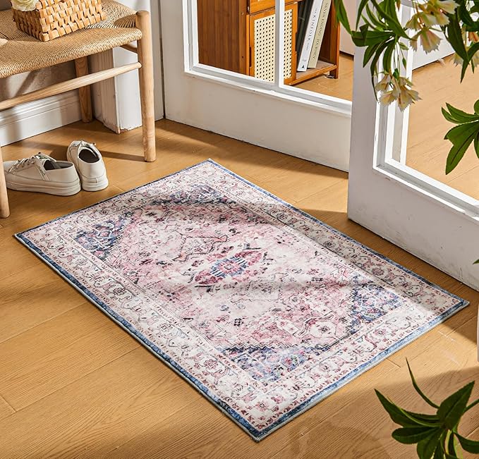 2x3 Washable Area Rugs 2x3 Entryway Rug Pink Door Mate Indoor Entryway Rugs Pink Boho Entryway Rug No Shedding Low Pile Soft Small Area Rug for Door Mat Bedroom Dining Room Kitchen
