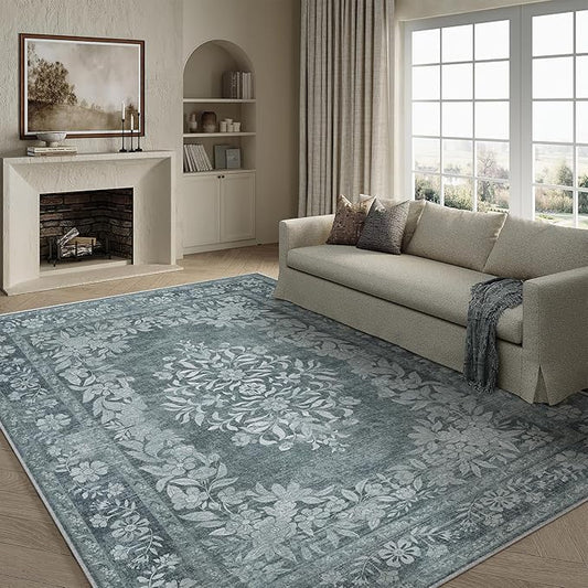 6x9 Area Rug Gray Washable Vintage Distressed Living Room Carpet Large Bedroom Indoor Medallion Floral Non Slip Retro Throw Floor Mat for Office Dining Room Kitchen Bathroom