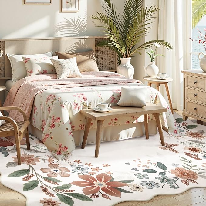 Beeiva 6x9 Area Rugs for Living Room, Washable Floral Playroom Rug, Thin Low Pile Stain Resistance Large Carpet for Bedroom, Dining Room or Nursery - Beige