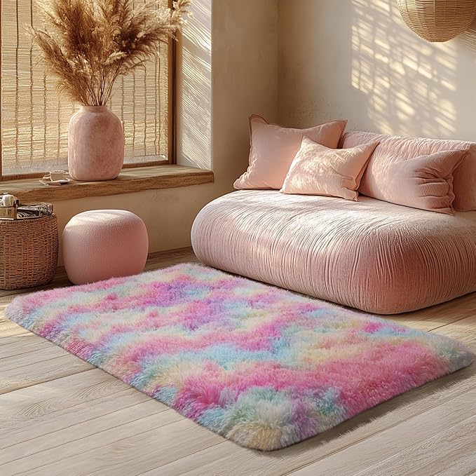 Zentavio Unicorn Rugs for Girls Room 3x5 Area Rugs for Living Room Small Carpet for Bedroom Washable Soft Fluffy Shag Aesthetic Plush High Pile Throw Rug for Nursery Kids Room Dorm Room Rainbow