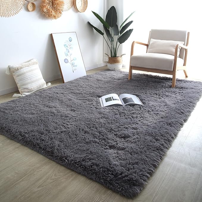 Area Rug 9x12 for Living Room - Large Soft Plush Shaggy Grey Rug for Bedroom - Modern Non-Slip Indoor Shag Fuzzy Floor Carpet