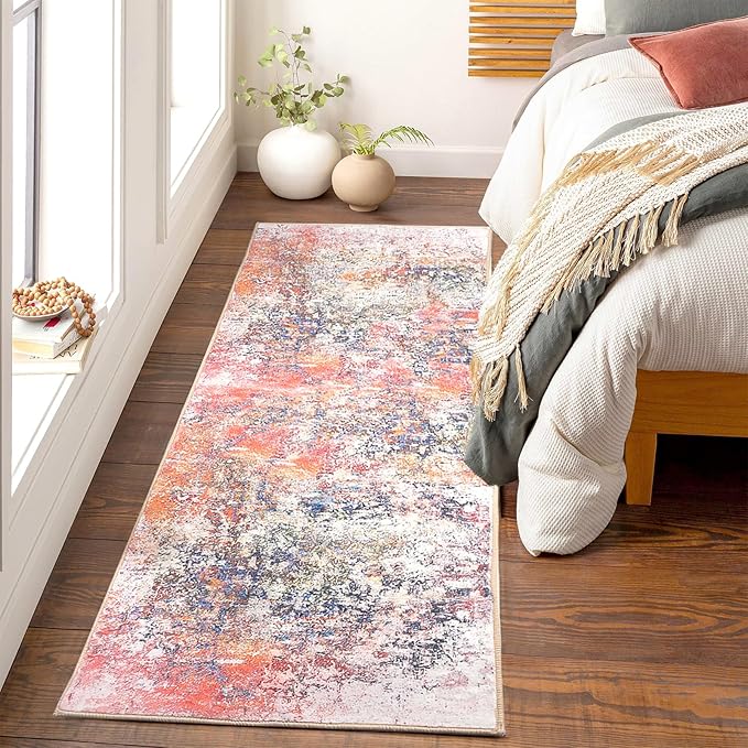 Washable Runners for Hallways 2x6 Runner Rug Non Slip Soft Kitchen Runner Rugs Abstract Non Skid Accent Print Faux Wool Carpet Runners for Entryway Laundry Room Entrance, Pink/Multi