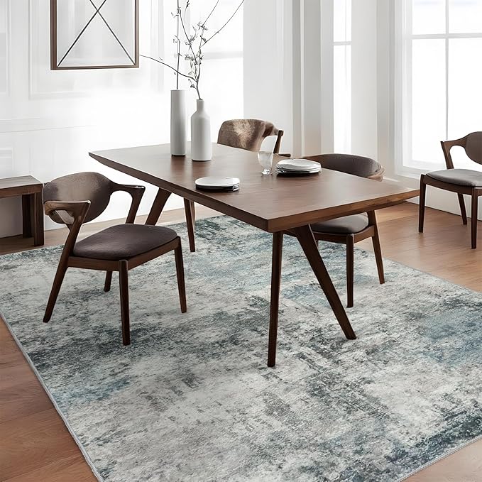 Washable Abstract Area Rug 3x5 - Rugs for Living Room Large Non Slip Indoor Entryway Rubber Backing Carpet Bedroom Kitchen Distressed Stain Resistant Floor Decor Mat Machine Washable 3x5 Blue