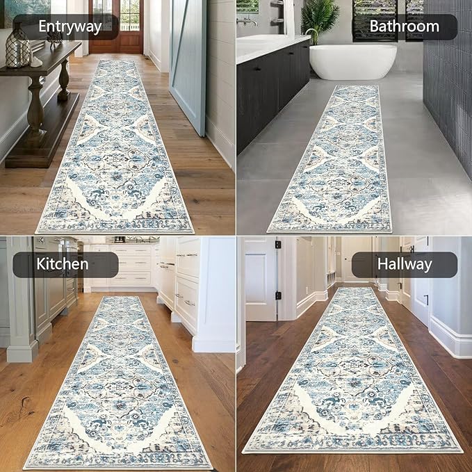 HEBE Hallway Runner Rug 2'8''x12' Washable Vintage Distressed Area Rugs Non Slip Laundry Rug Runner Boho Floor Carpet Runners for Hallways Entryway Laundry Room Kitchen Bathroom