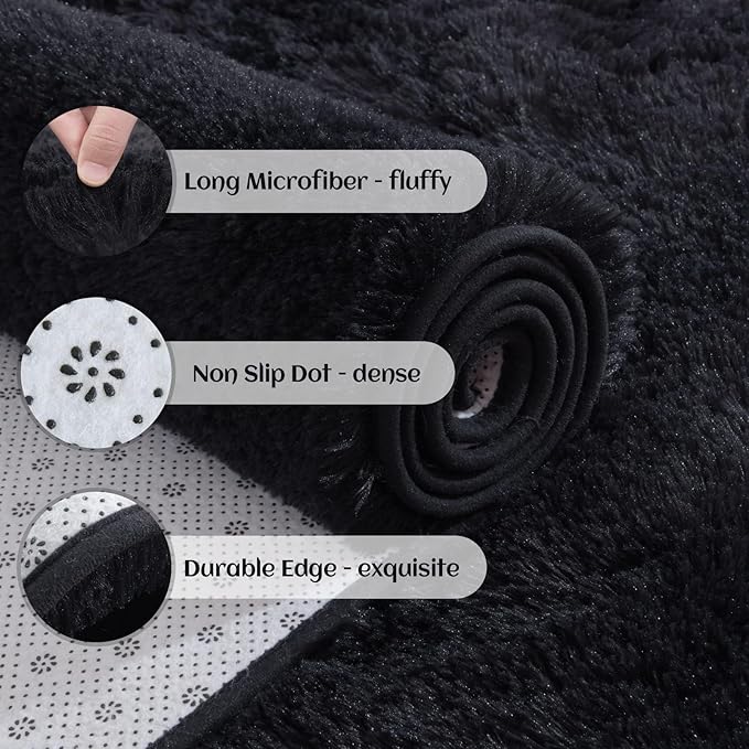 YJ.GWL Area Rugs for Living Room Bedroom, 9x12 Machine Washable Large Black Carpet, Soft Fluffy Shaggy Thick Big Shag Indoor Floor Rug for Kids Boy and Girls Room Dorm Home Decor Aesthetic