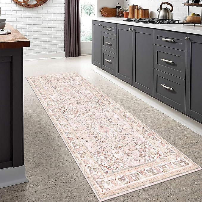 Vhong Pink Area Rugs Washable Boho Vintage Modern Neutral Runner 2×6 Carpet for Kitchen Hallway Living Room Girls' Room Nursery Room Non Slip