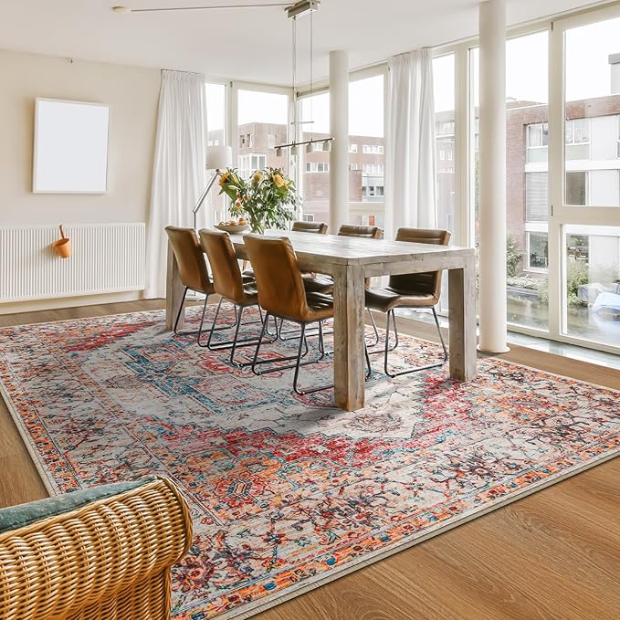 YJ.GWL Large Area Rug for Living Room, 5x7 Machine Washable Boho Rug for Bedroom, Low Pile Lightweight Thin Rugs Floral Vintage Distress Print Pattern Carpet for Dining Room, Orange