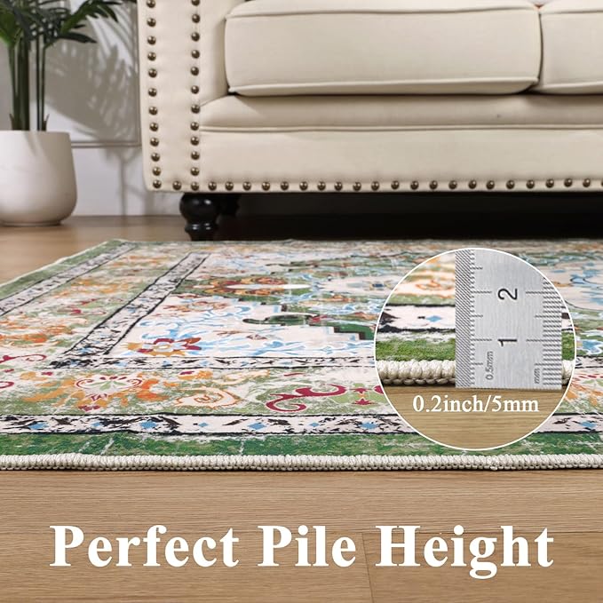 U'Artlines Boho Vintage Area Rug 9x12 Machine Washable Low Pile Soft Floor Carpet Non Slip Non Shedding Accent Rug for Living Room Bedroom Entryway Dining Room Office Green