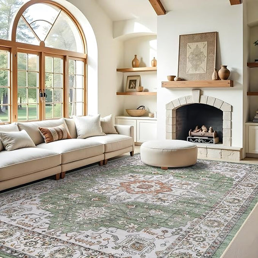 RUUGME Washable 9x12 Area Rugs - Large Boho Rugs for Living Room Kitchen Stain Resistant Carpet Vintage Tribal Rugs for Bedroom with Non Slip Backing Decor Floor Decoration Mat 9x12 Sage/Green