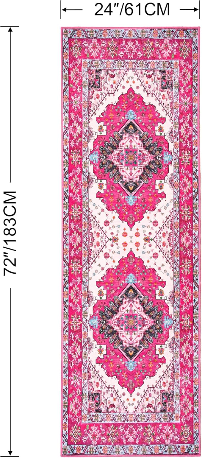 Noahas Hot Pink Hallway Runner Rug 2x6,Vintage Machine Washable Kitchen Runner Area Rugs with Rubber Backing Non Slip Print Carpets for Bedroom Girls,Entryway,Laundry Room,Bathroom,Home Decor