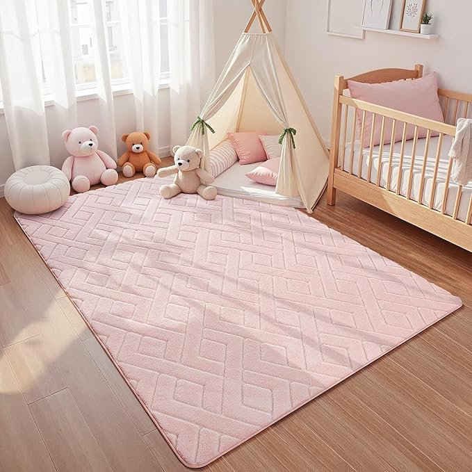 Ultra Soft Pink Area Rug for Girls Bedroom, 3x5 Modern Geometric Shag Rugs with Nonslip Backing for Living Room, Washable Fuzzy Carpet for Cozy Kids Room Nursery