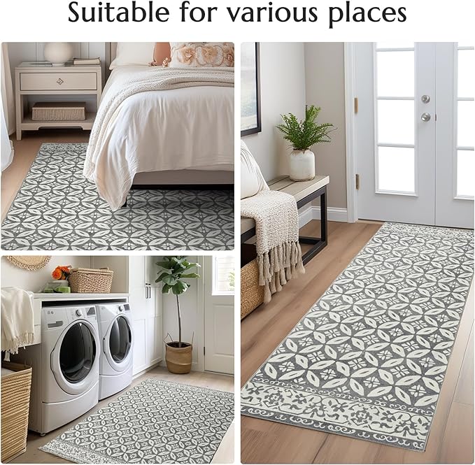 jinchan Runner Rug 2x5 - Hallway Rug Kitchen Washable Runner Rug Faux Wool Geometric Soft Rug Tile Pattern Floral Print Rug Stain Resistant Non-Slip Carpet for Bathroom Bedroom Laundry Room Grey