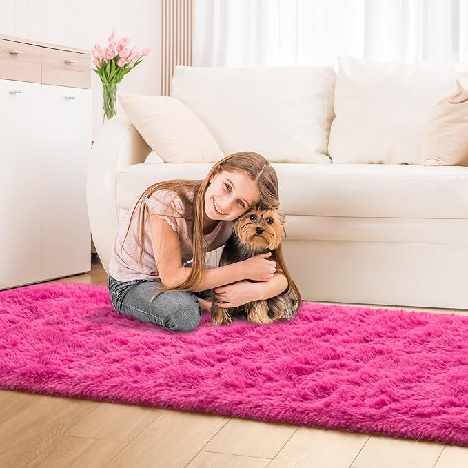 Tepook Soft Runner Rugs for Bedroom 2x6 ft with Rubber Backing, Hot Pink Fluffy Rugs for Living Room, Shag Bedside Rug Fuzzy Plush Carpet for Room, Area Rug for Dorm Nursery Hallway Indoor Home Decor