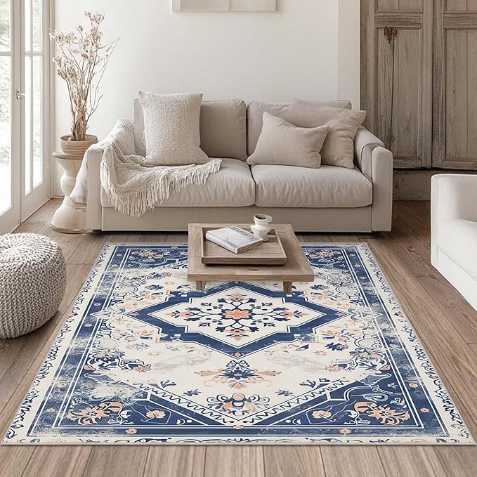 4x6 Rug Vintage Oriental Navy Blue Boho Beige Area Rug Bedroom Thin Low Pile Large Carpet Living Room Non Slip Dining Room Office Stain Resistant Washable Machine