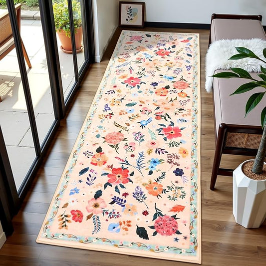 2x6 Floral Runner Rug, Flowers Printed Washable Rugs with Non Slip Backing for Girls Bedroom Kitchen Hallway,Cute Carpet Runners Home Aesthetic Decor, Peach White