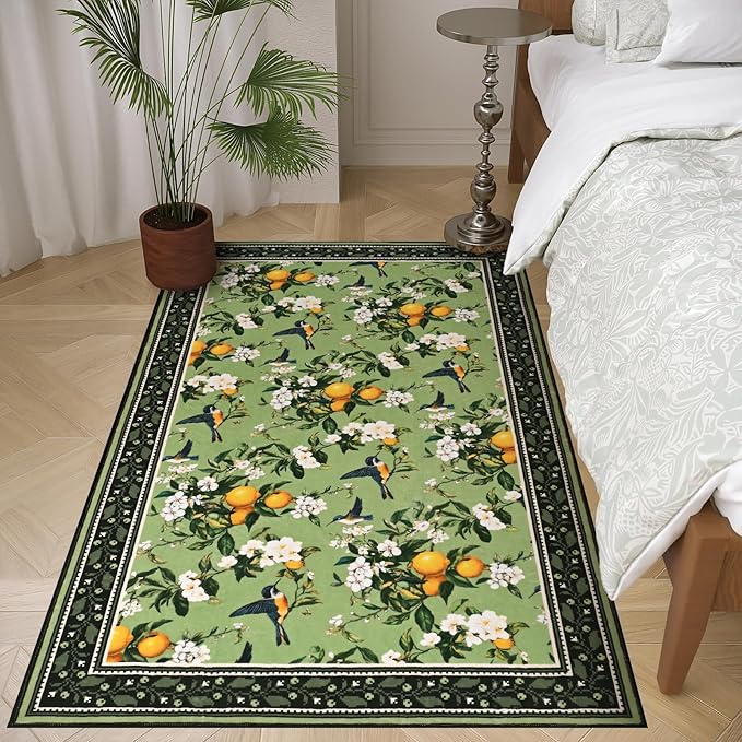 ASPMIZ Sage Green Area Rug, Vintage Floral 3x5 Rug Washable Non Slip, Lemon Hummingbird Rugs for Living Room, Foldable Low Pile Soft Throw Rug Carpet for Bedroom Kitchen Dining Room Nursery Office
