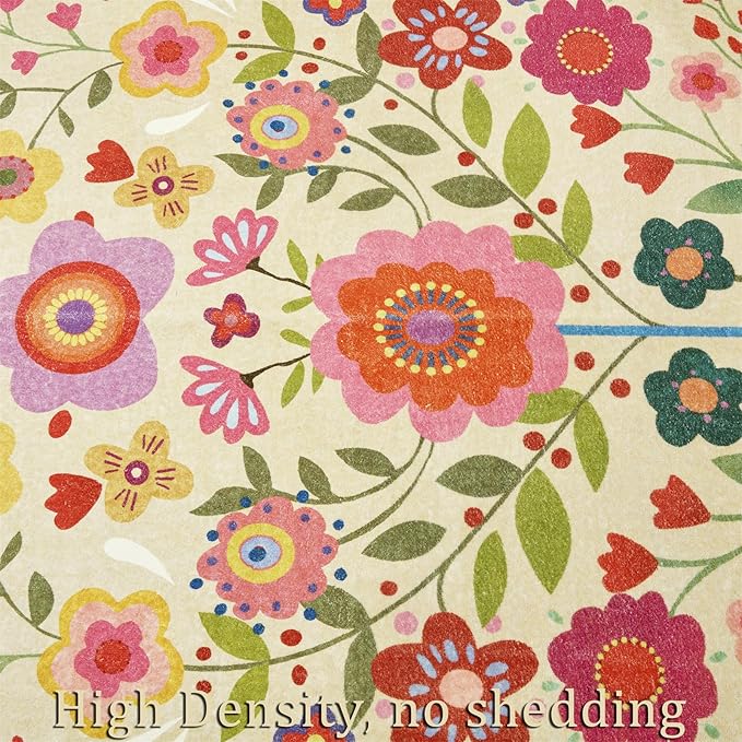 Washable Boho Floral Rugs Thin Pile, Cute Aesthetic Vintage Hippie Bedroom Rugs Colorful Rose Pink Bright Trendy Indie Dorm Carpet, Country Flowers 4x6 Area Rug for Dining Living Room Entryway Kitchen