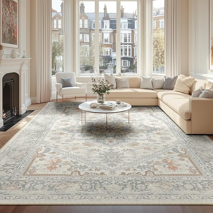 BESTSWEETIE 9x12 Area Rugs for Living Room Washable Non Slip Carpet Low Pile Soft Vintage Print Pattern Rug for Bedroom Dining Room Kitchen Entryway Indoor-Light Taupe/Brown
