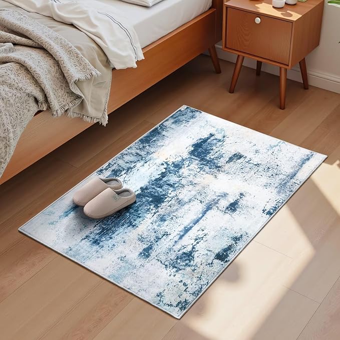 Washable Abstract Rug, 2x3 Small Modern Area Rugs with Non-Slip Rubber Backed for Kitchen, Thin but Soft Throw Carpet Bedroom Entryway Front Door Decor, Blue White