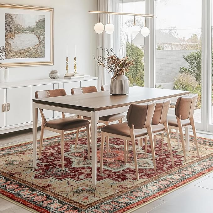 BESTSWEETIE 6x9 Area Rugs for Living Room, Washable Ultra Soft Boho Vintage Print Pattern Rug Non Slip Low Pile Carpet for Dining Room Bedroom Entryway Indoor-Wine/Natural/Red/Black