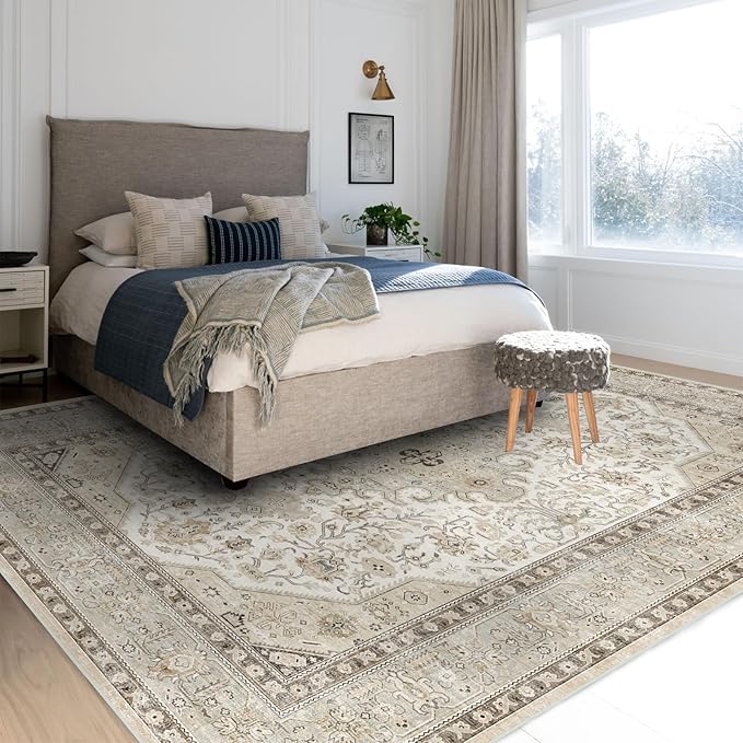 Washable Area Rug 8x10 - Bedroom Living Room Large Indoor Rugs Soft Oriental Vintage Rugs Non-Slip Backing Stain Resistant for Farmhouse Kitchen (8x10 Ivory/Multi)