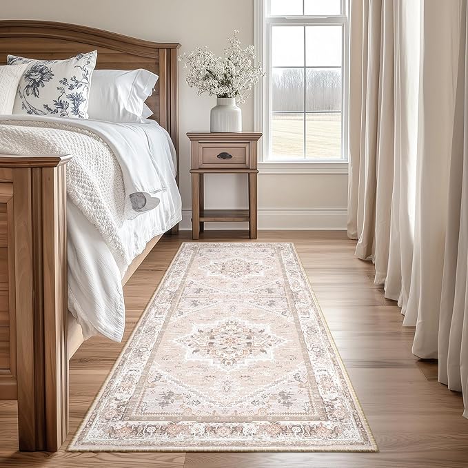BESTSWEETIE 2x6 Area Rugs for Living Room Washable Non Slip Carpet Low Pile Soft Vintage Print Pattern Rug for Bedroom Dining Room Kitchen Entryway Indoor-Light Pink