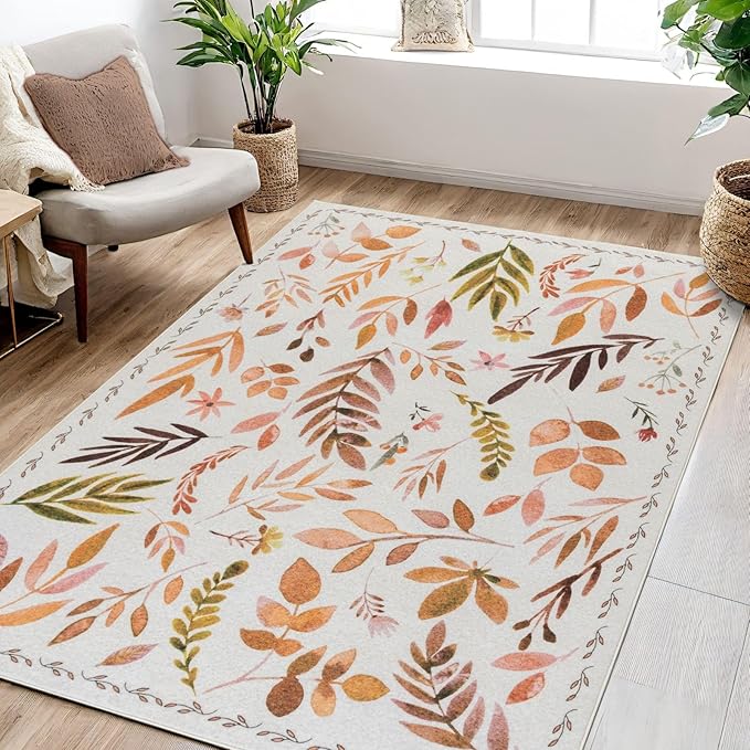 Syalife 3x5 Area Rugs, Non Slip Washable Low Pile Rugs for Living Room, Kitchen, Hallway, Bedroom Bedside, Kids Room, College Dorm (Orange Leafy, 3'x5')